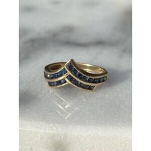 14kt Gold V Shape Band with Channel Set Blue Sapphire Ring